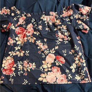 Navy Floral Off-Shoulder Top with Pink Roses